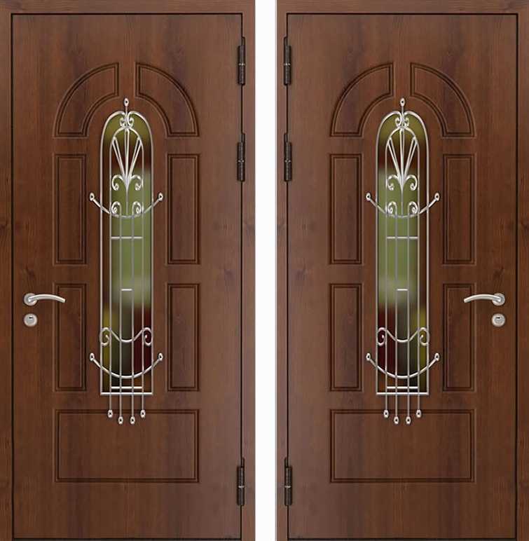 Металлические двери со стеклом являются примером прекрасного сочетания, казалось бы несочетаемых материалов Какие модели двойных входных железных остекленных дверей существуют Где применяются варианты с ковкой и остеклением