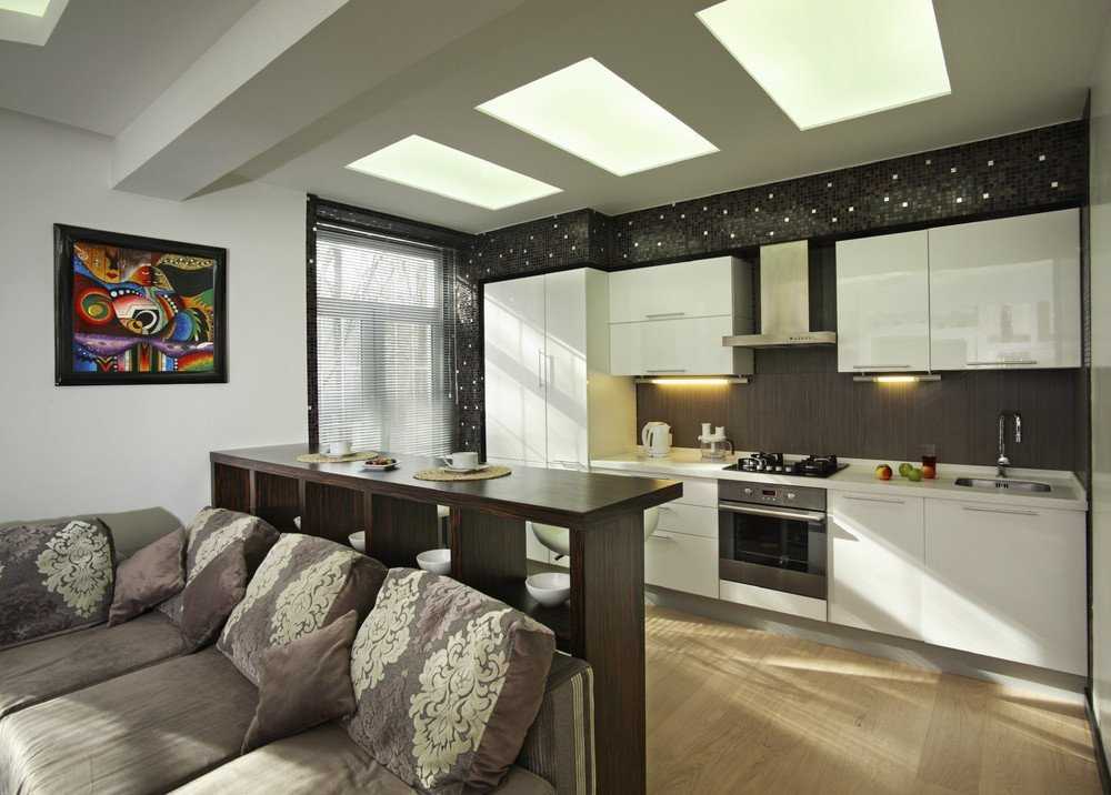 Кухня-гостиная 27 квадратных метров,варианты зонирования,фото в интерьере