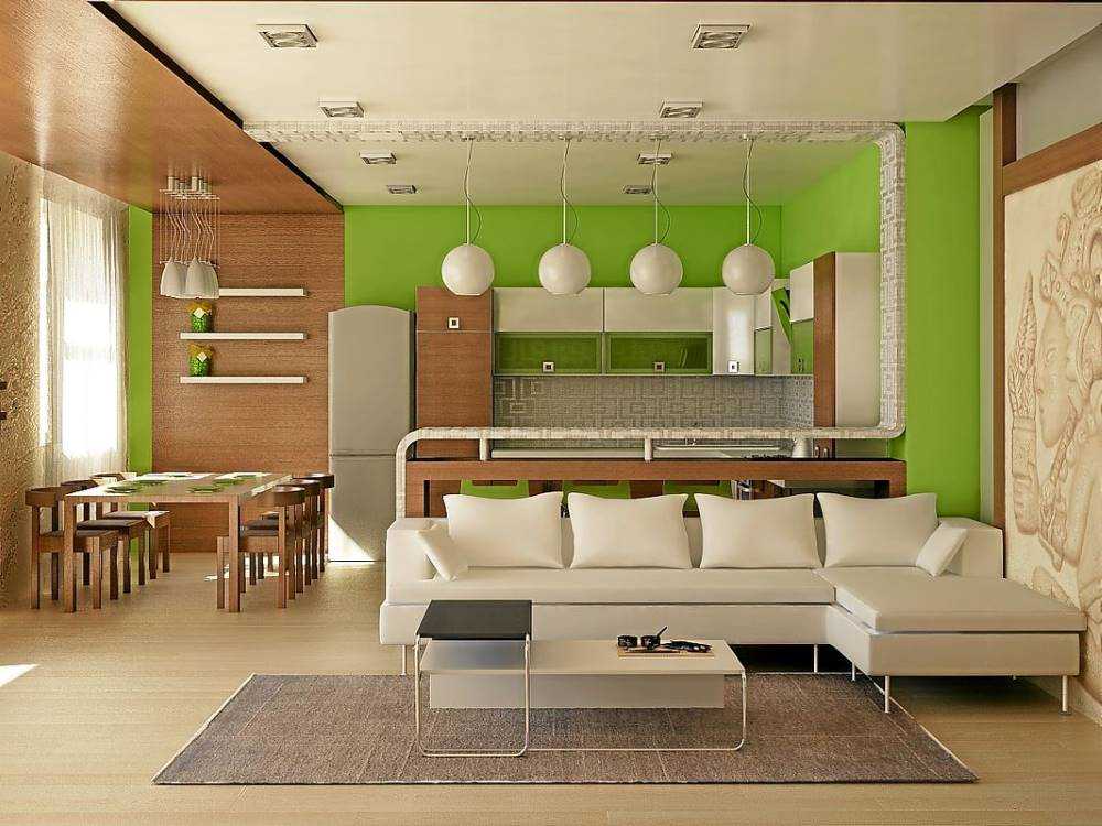Дизайн кухни-гостиной 30 кв.м с зонированием в частном доме и квартире