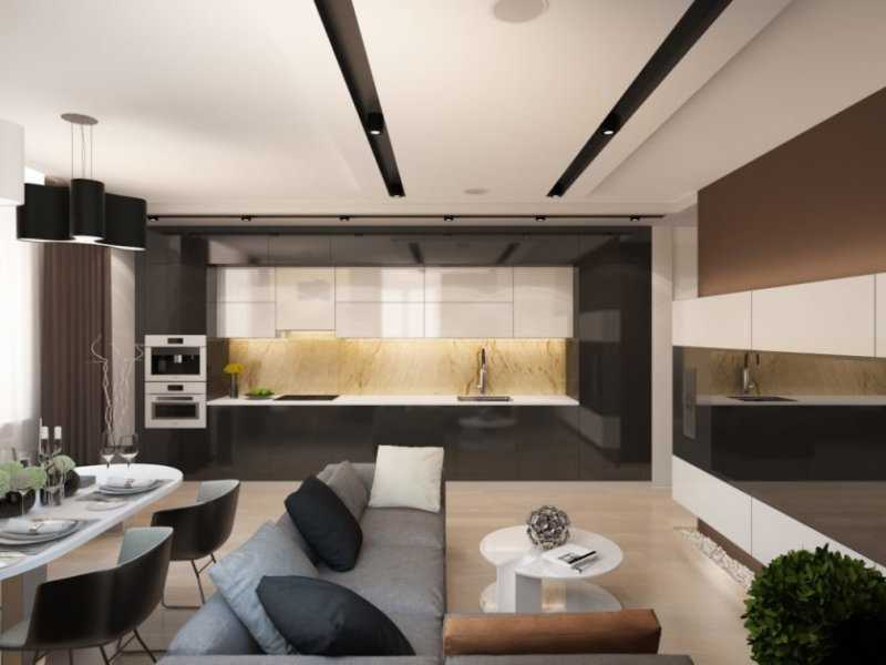 Освещение кухни-гостиной (11 фото): дизайн совмещенных комнат в светлых тонах с люстрами