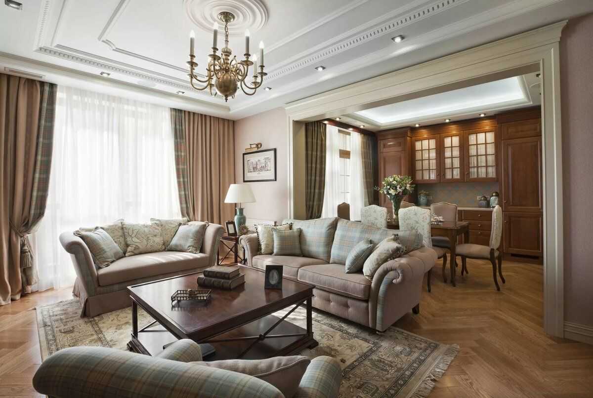 Дизайн гостиной в классическом стиле с камином в доме