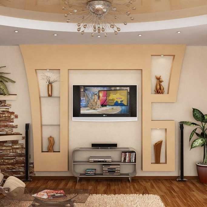 Оформление стены с телевизором в гостиной: 25 фото