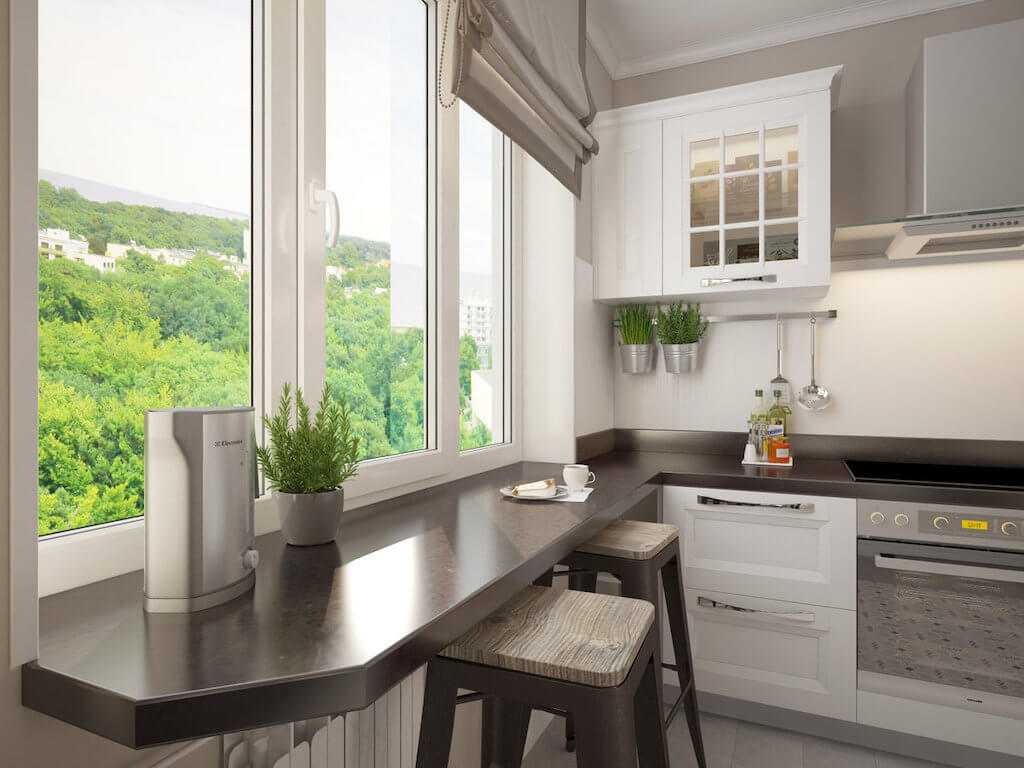 Дизайн маленькой кухни с балконом (44 фото): кухня с большим окном и балконной дверью, интерьер небольшой п-образной кухни с балконом