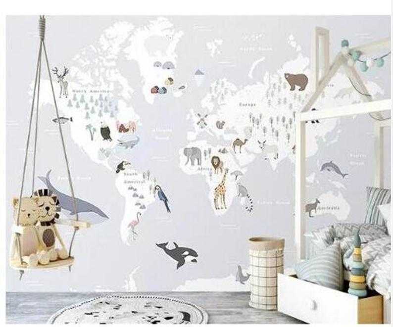 Детские фотообои (77 фото): обои с картой мира в комнату для детей, черно-белые модели 3d с деревьями для стен в интерьере