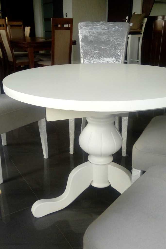 Круглый раздвижной стол: белая полукруглая конструкция на одной ножке для гостиной из малайзии и других производителей, диаметр 70, 80, 90, 120 см