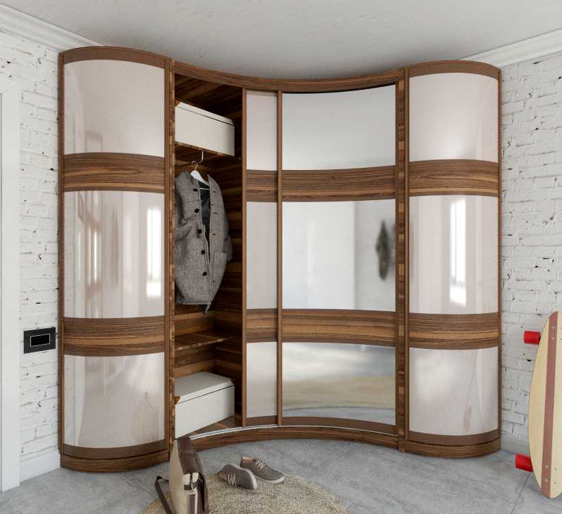 Радиусные шкафы (49 фото): модели в спальню и в гостиную с полукруглыми дверями, радиальный шкаф с распашными створками, круглые модели для прихожей