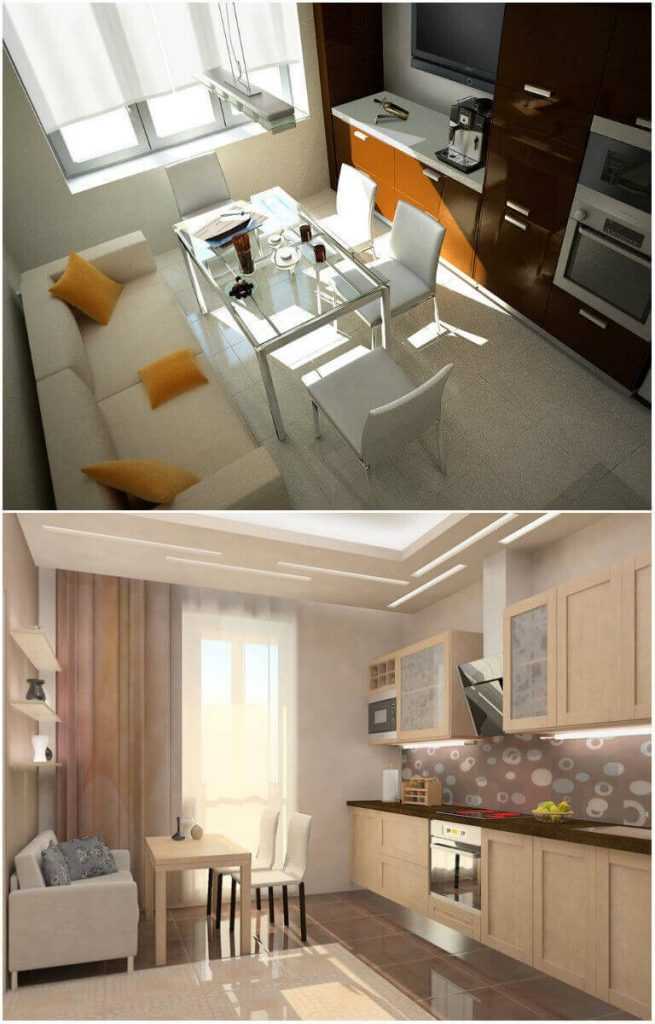 Дизайн кухни 14 кв. м с диваном и телевизором