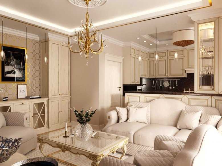 Дизайн кухни столовой-гостиной (56 фото): интерьер квартиры-студии в классическом стиле