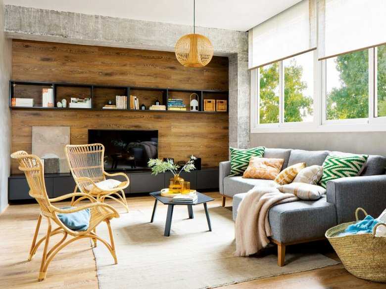 Гостиная с камином в скандинавском стиле: тонкости дизайна интерьера, отделка потолка, мебель и полки, фото