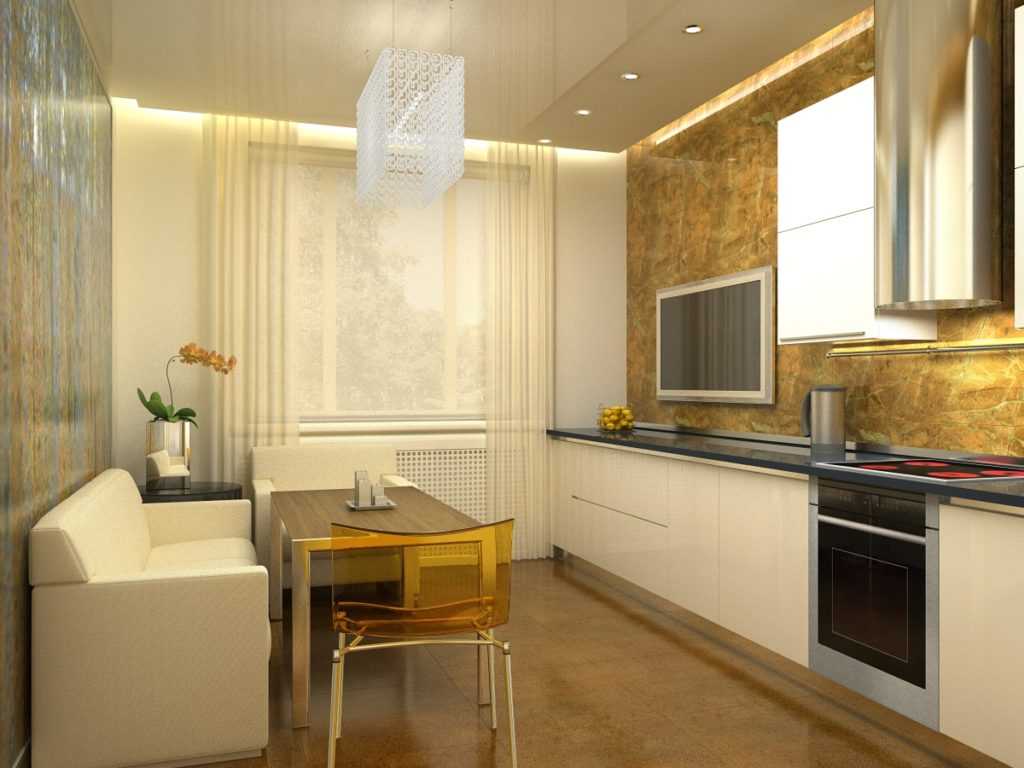 Дизайн кухни 10 метров кв.: с окном, балконом, диваном, холодильником