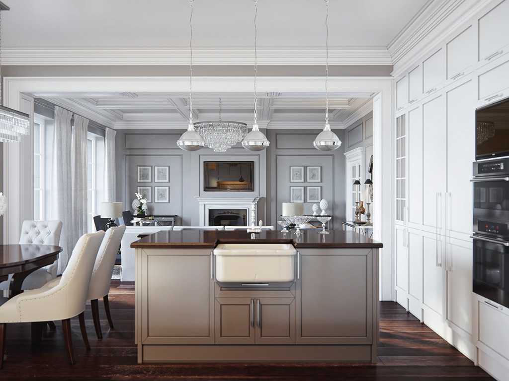 Кухня в стиле неоклассика (92 фото): особенности интерьеров в неоклассическом стиле, варианты дизайна, выбор кухонного гарнитура и штор