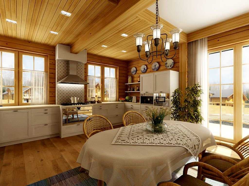 Дизайн совмещенной с гостиной кухни в частном доме может быть весьма разнообразным. Как оформить такую комнату в силе эко, шале или кантри Как разграничить функциональные зоны в такой комнате Какую мебель подобрать в столовую и кухню