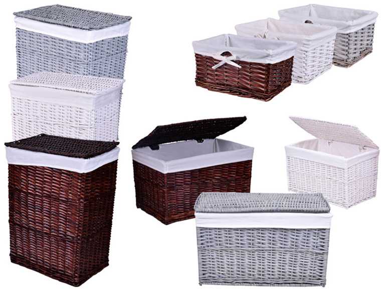 Плетеная корзина для белья в ванную комнату: угловое изделие с крышкой, коричневая модель из ротанга или бамбука с игрушкой