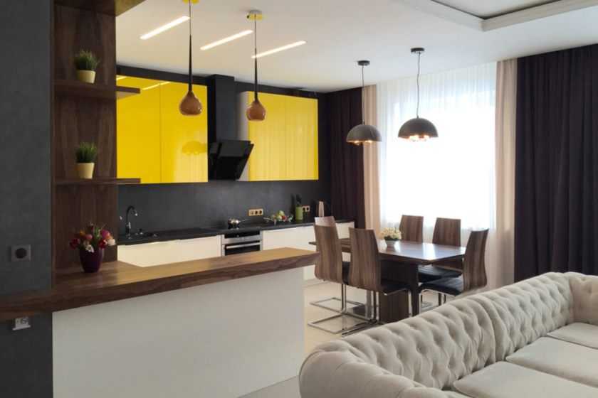 Планировка кухни-гостиной — варианты зонирования и размещения мебели и техники в гостиной (95 фото)