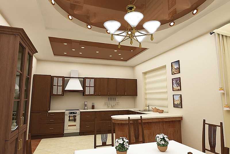 Дизайн потолков на кухне, виды - фото примеров