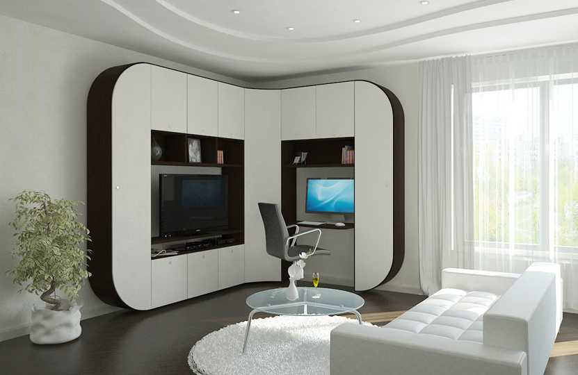 Угловая стенка в гостиную с телевизором в углу и вместительным платяным шкафом, современные стенки